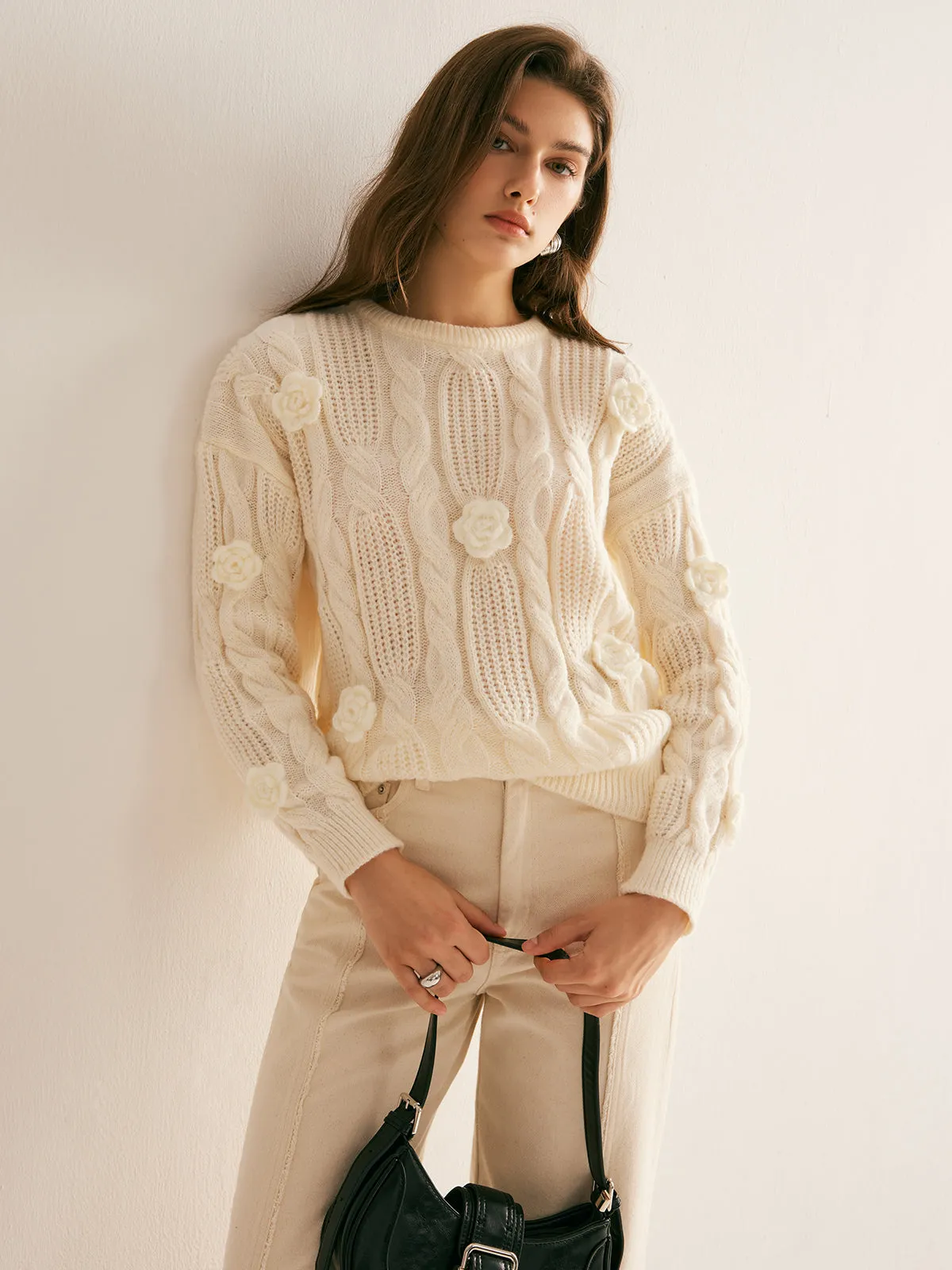 3D Flower Cable-Knit Pullover Sweater