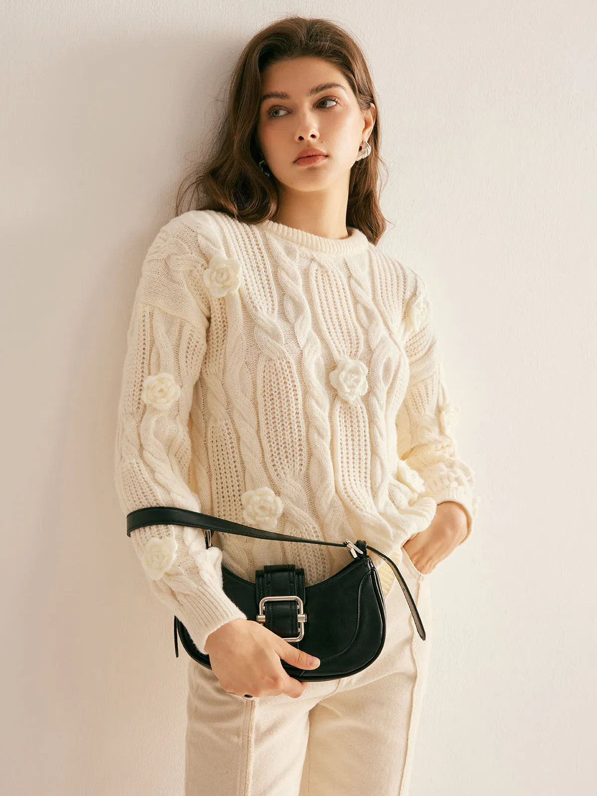 3D Flower Cable-Knit Pullover Sweater