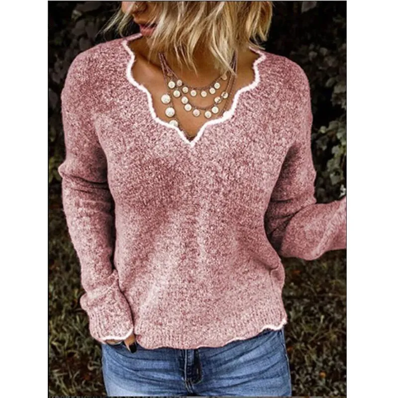 Acrylic Fiber Women's V-neck Knitted Cute Multi-color Pullover