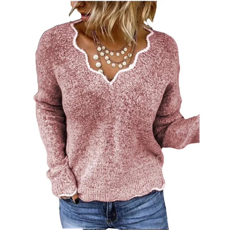 Acrylic Fiber Women's V-neck Knitted Cute Multi-color Pullover