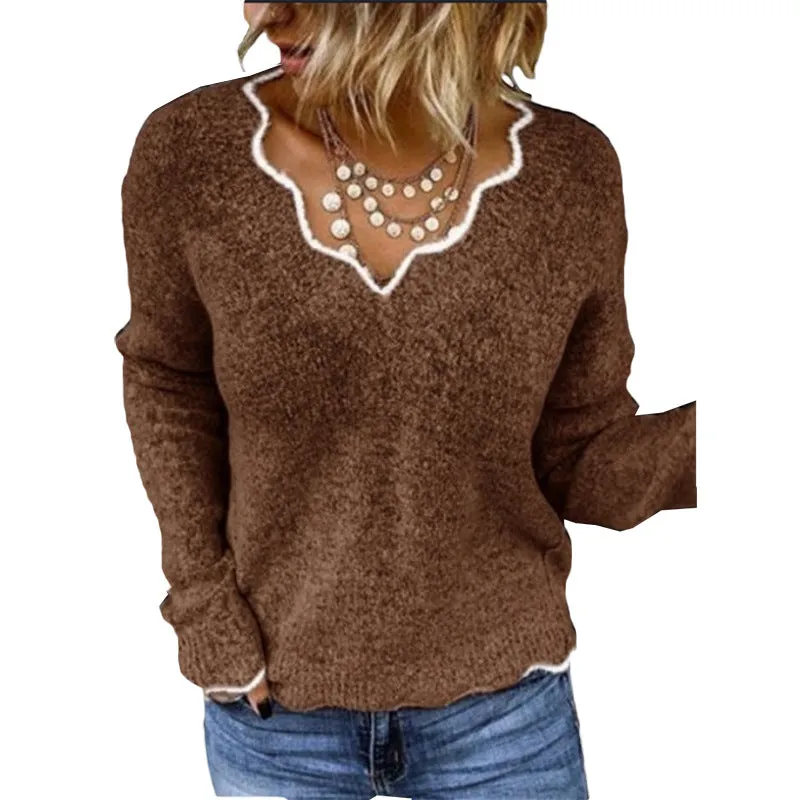 Acrylic Fiber Women's V-neck Knitted Cute Multi-color Pullover