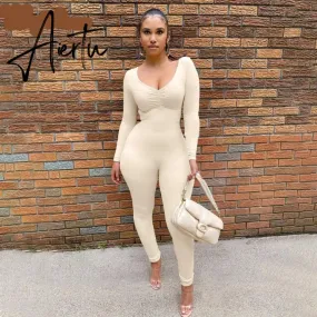 Aiertu  Solid Long Sleeve V Neck Bodycon Draped Sexy Jumpsuit Summer Autumn Women Fashion Streetwear Party Club Outfits