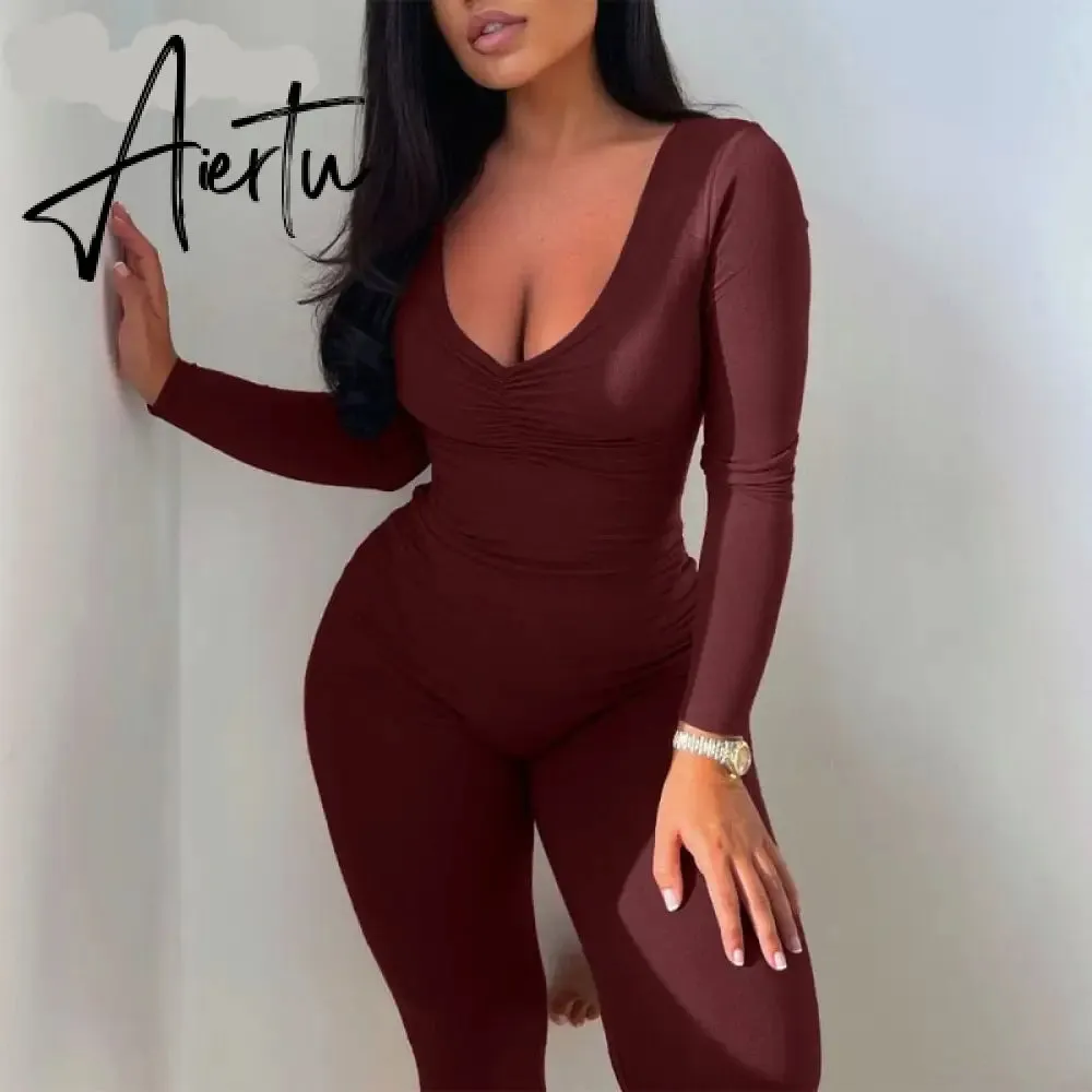 Aiertu  Solid Long Sleeve V Neck Bodycon Draped Sexy Jumpsuit Summer Autumn Women Fashion Streetwear Party Club Outfits