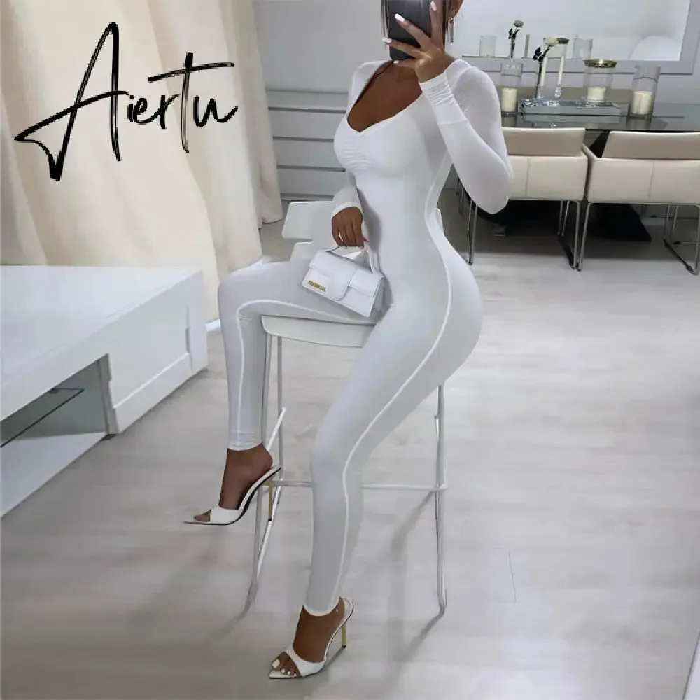 Aiertu  Solid Long Sleeve V Neck Bodycon Draped Sexy Jumpsuit Summer Autumn Women Fashion Streetwear Party Club Outfits