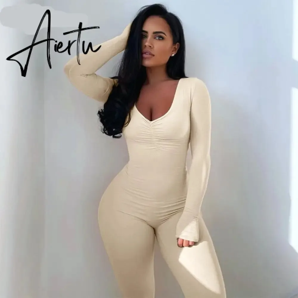 Aiertu  Solid Long Sleeve V Neck Bodycon Draped Sexy Jumpsuit Summer Autumn Women Fashion Streetwear Party Club Outfits