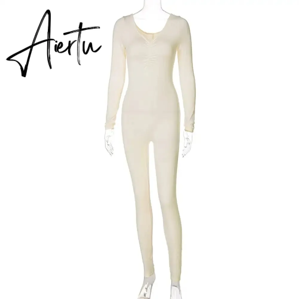 Aiertu  Solid Long Sleeve V Neck Bodycon Draped Sexy Jumpsuit Summer Autumn Women Fashion Streetwear Party Club Outfits