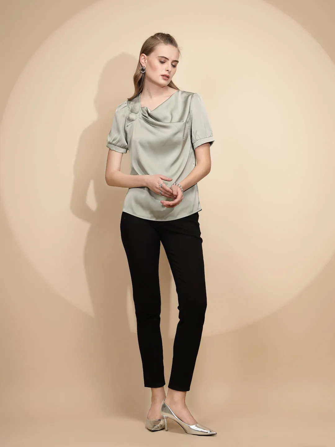 Avocado Polyester Blend Loose Fit Blouse For Women