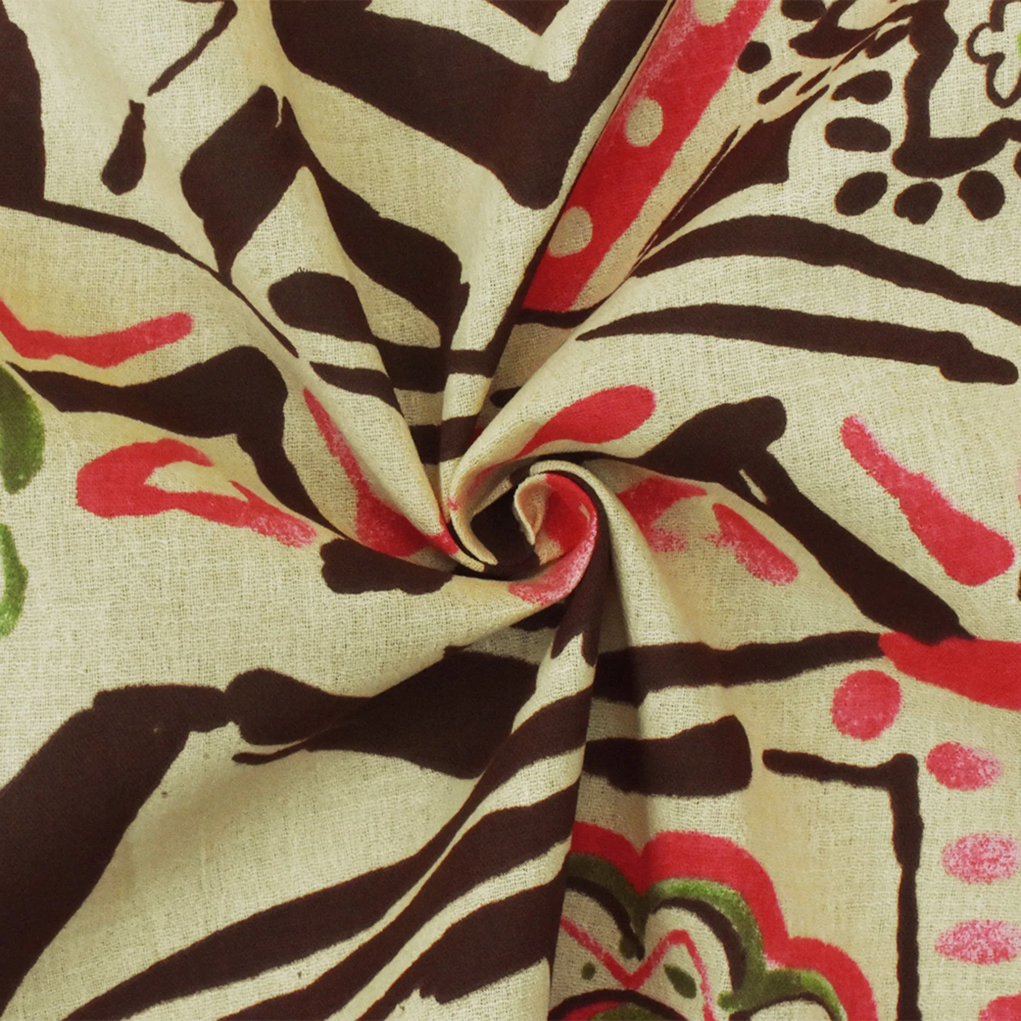 Beige-Brown-Multi Aztec And Floral Printed Cotton Gauze Woven Fabric