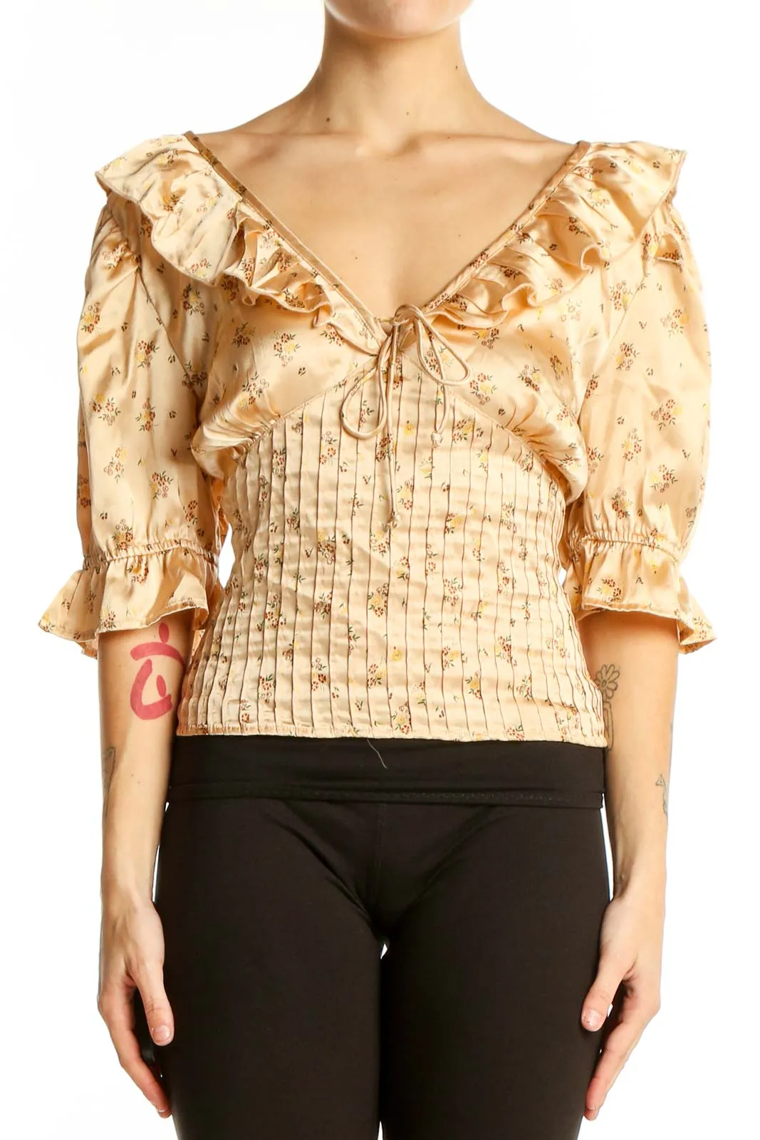 Beige Floral Ruffled Puff Sleeve Top