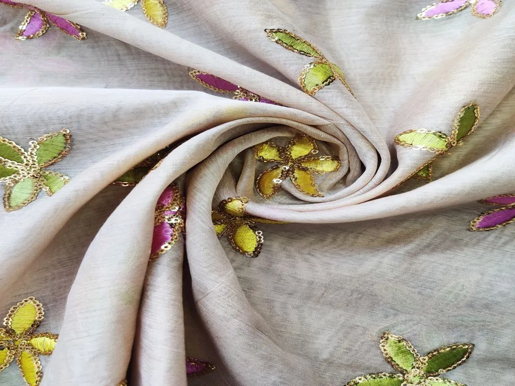 Beige Floral Threads Sequins Embroidered Chanderi Silk Fabric (Wholesale)