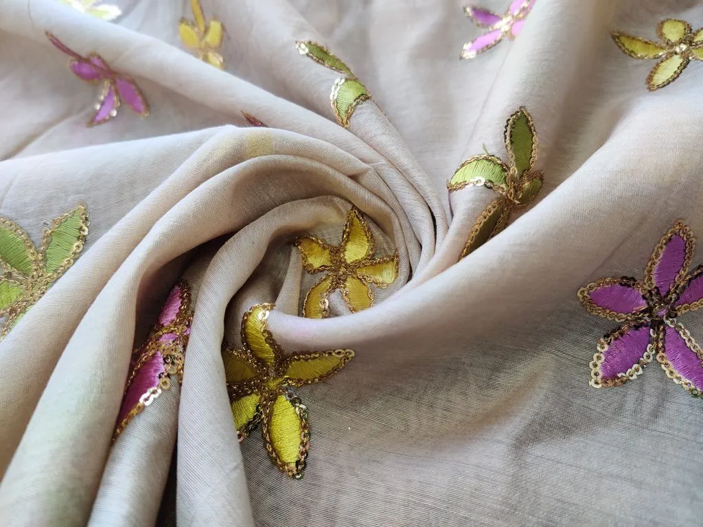 Beige Floral Threads Sequins Embroidered Chanderi Silk Fabric (Wholesale)