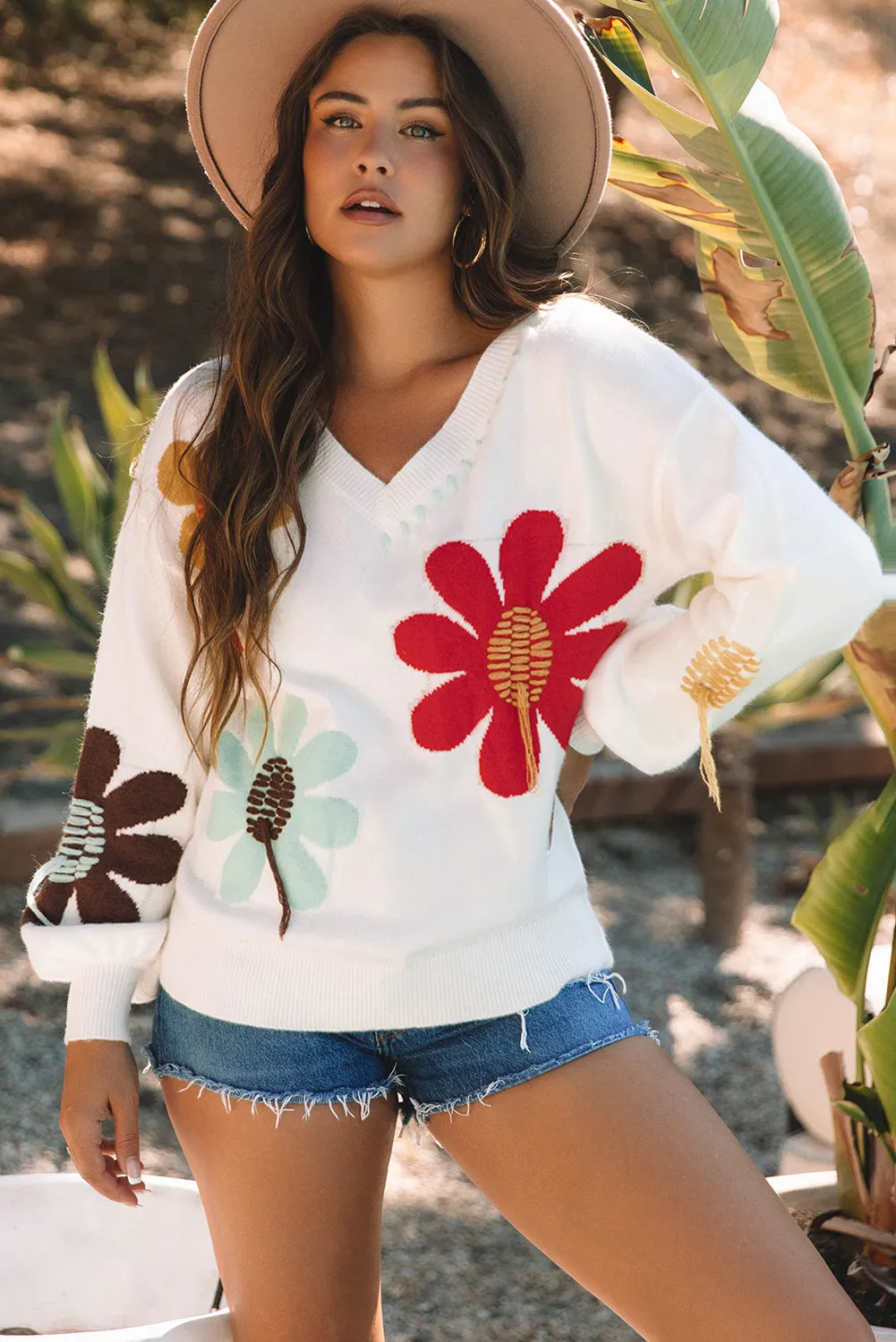 Big Flower Pattern V Neck Sweater