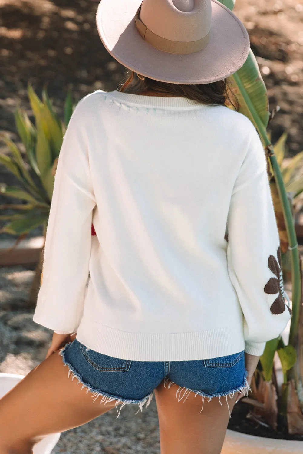 Big Flower Pattern V Neck Sweater