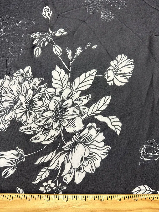 Black and White Floral Print Poly Chiffon Fabric