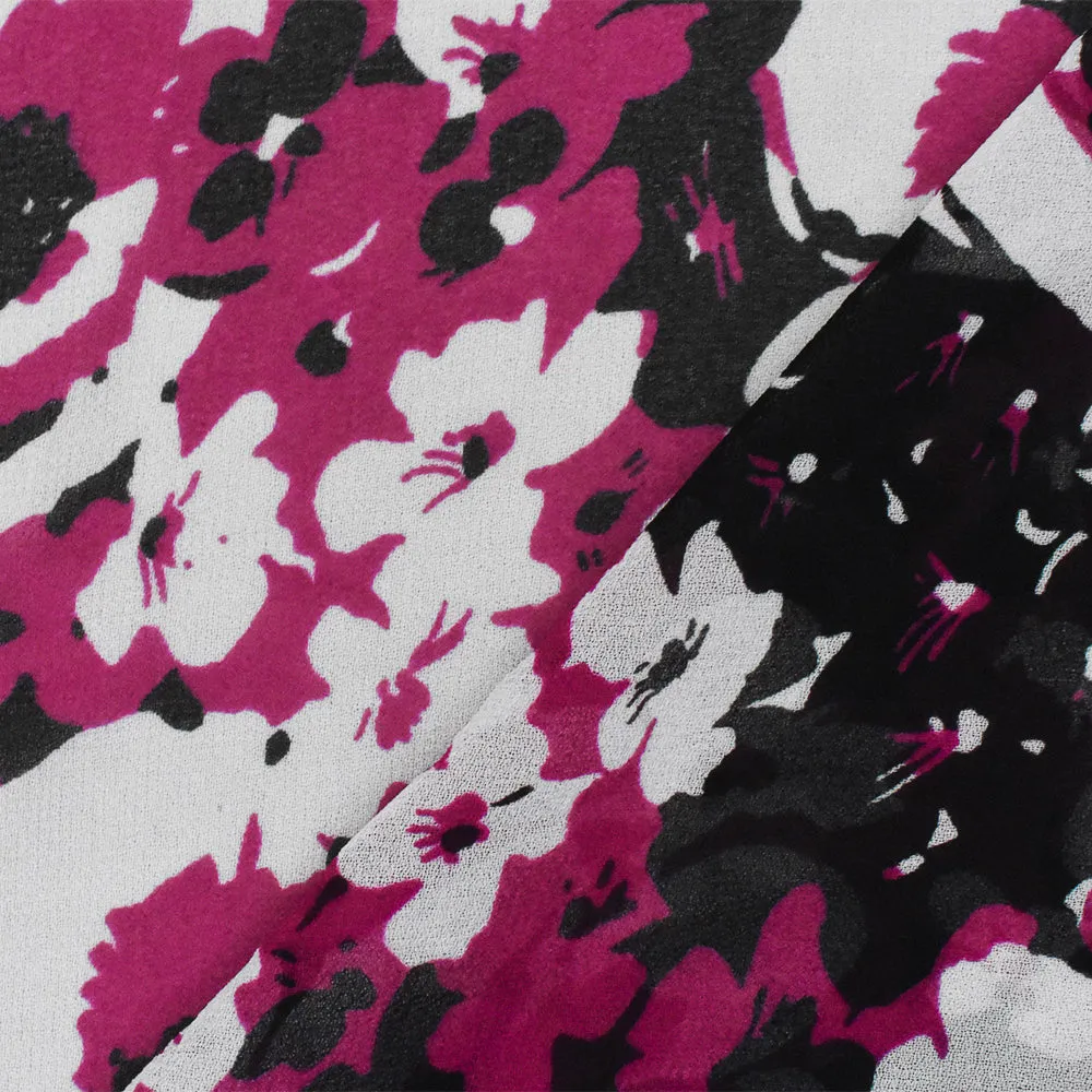 Black-Magenta-Ivory Floral Printed Poly Chiffon Woven Fabric