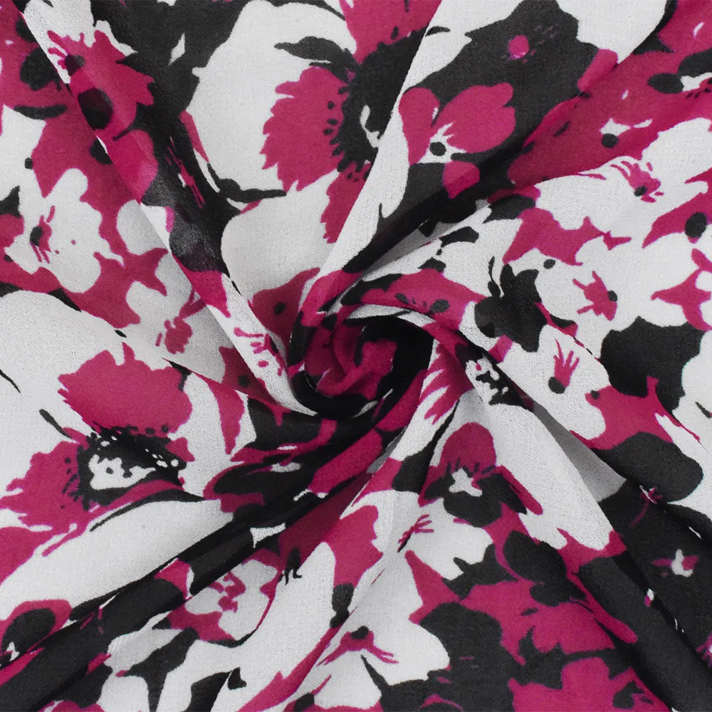 Black-Magenta-Ivory Floral Printed Poly Chiffon Woven Fabric