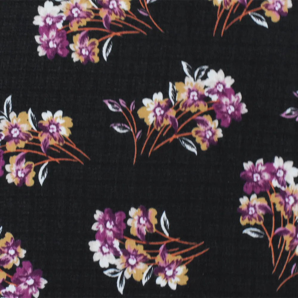 Black-Purple-Multi Floral Printed Poly Grid Slub Chiffon Woven Fabric