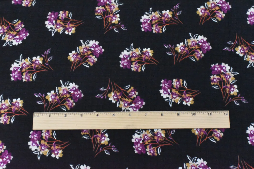 Black-Purple-Multi Floral Printed Poly Grid Slub Chiffon Woven Fabric