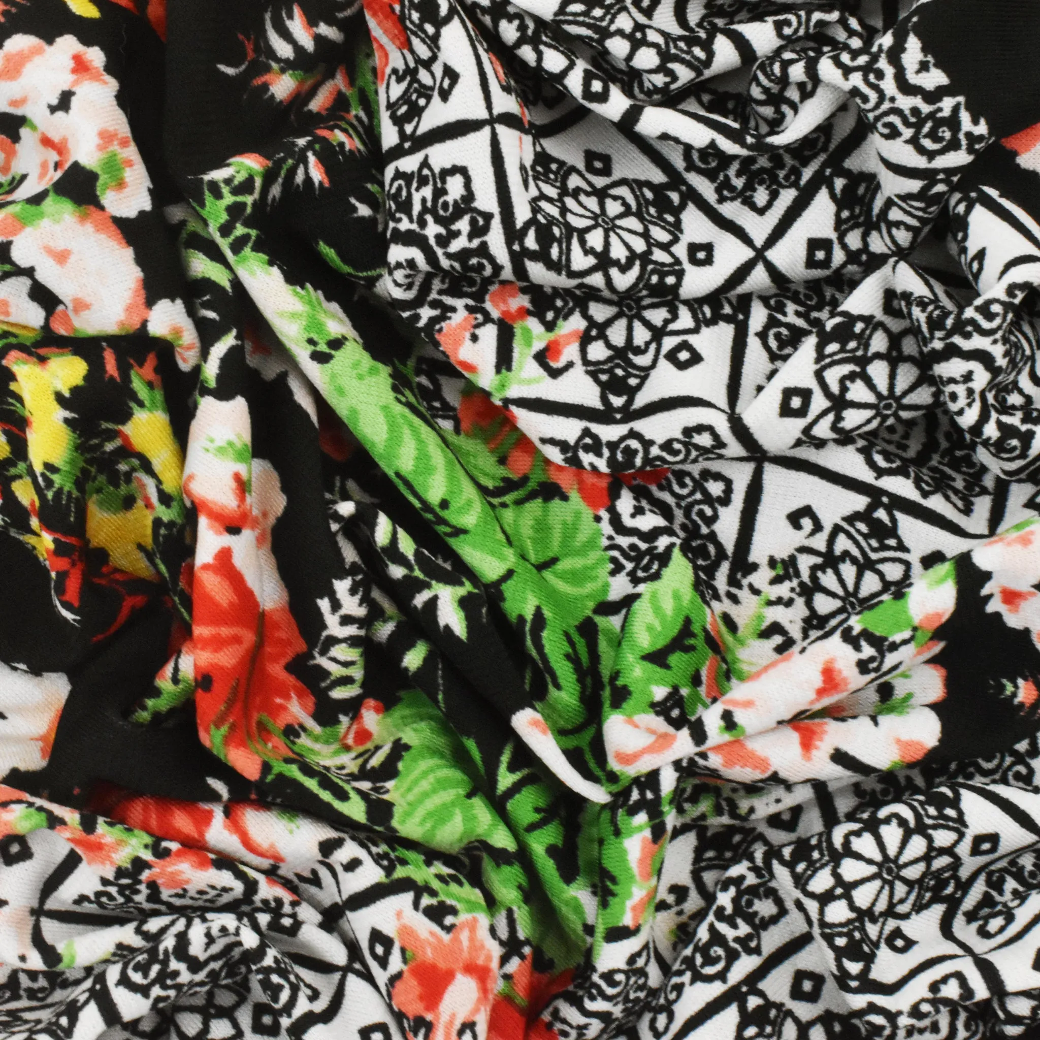 Black-Red-Multi Border Floral Printed Stretch ITY Jersey Knit Fabric