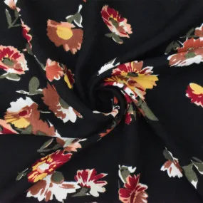 Black-Red-Multi Floral Printed Poly Momie Woven Fabric