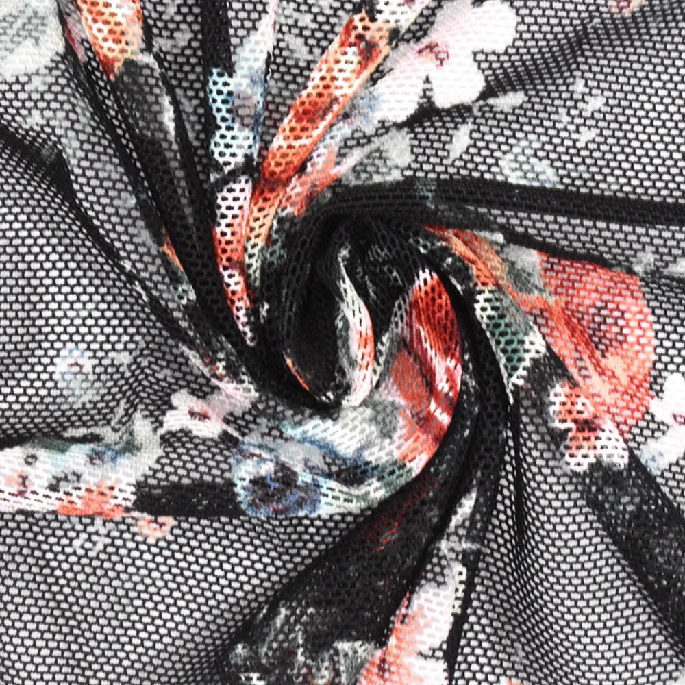 Black-Red-Multi Floral Printed Stretch Mesh Knit Fabric