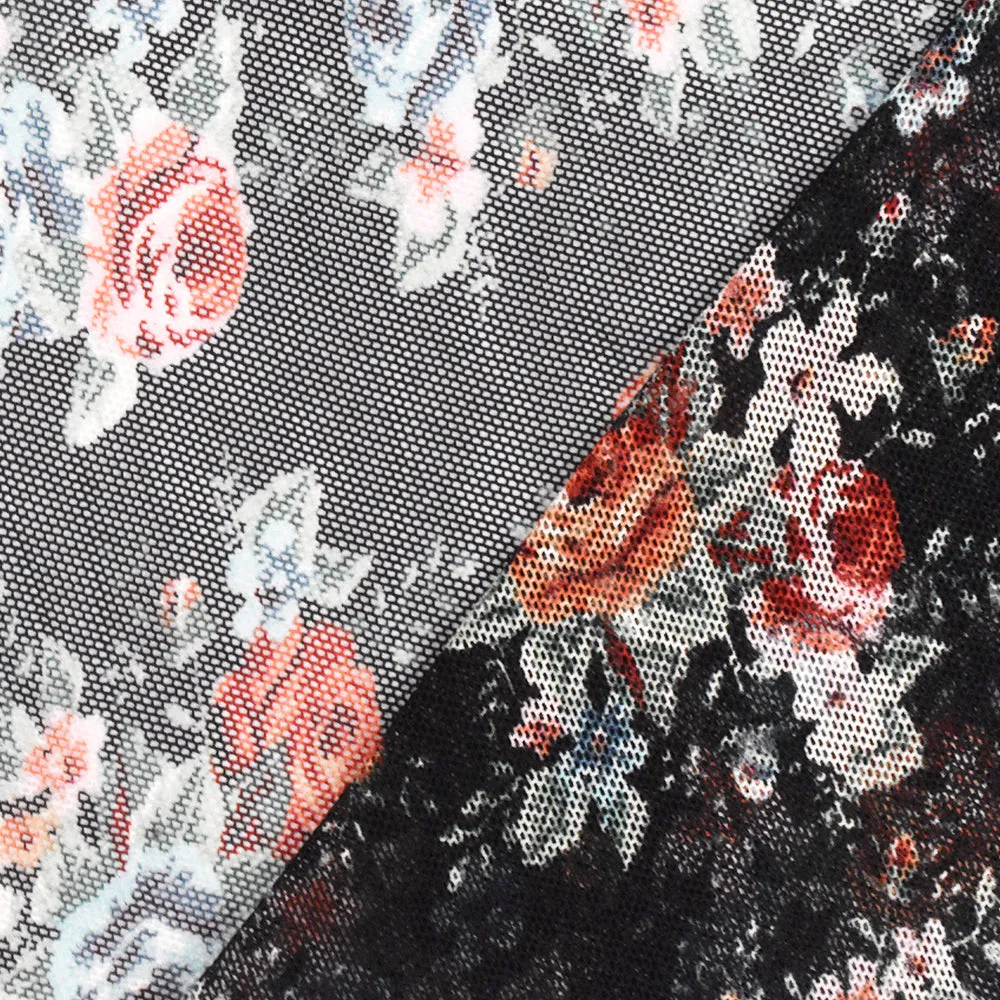 Black-Red-Multi Floral Printed Stretch Mesh Knit Fabric