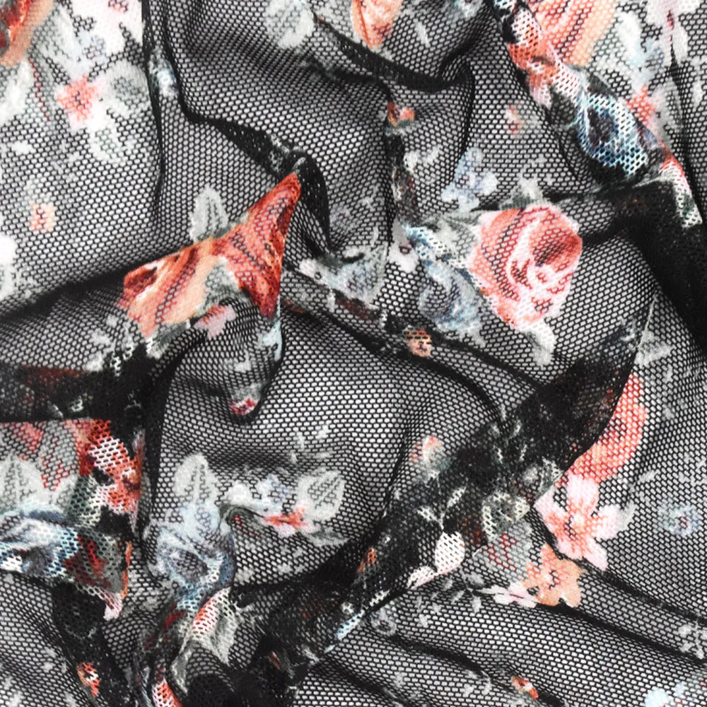 Black-Red-Multi Floral Printed Stretch Mesh Knit Fabric