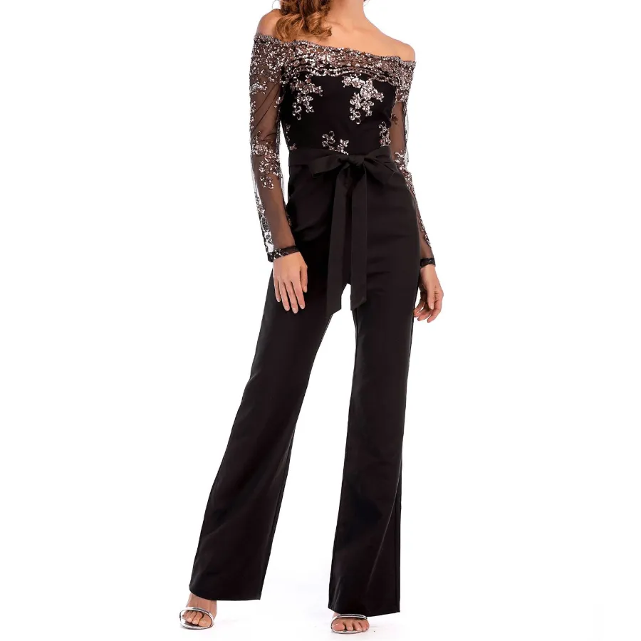 Black Sparkle See Through Mesh Off Shoulder Jumpsuits