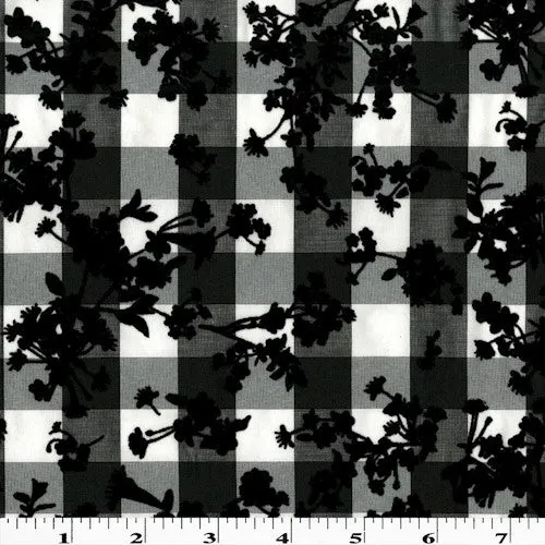 Black/White Velvet Flocked Floral Printed Gingham Shirting Fabric