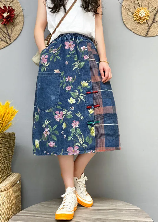 Blue Button Print Patchwork denim Skirt