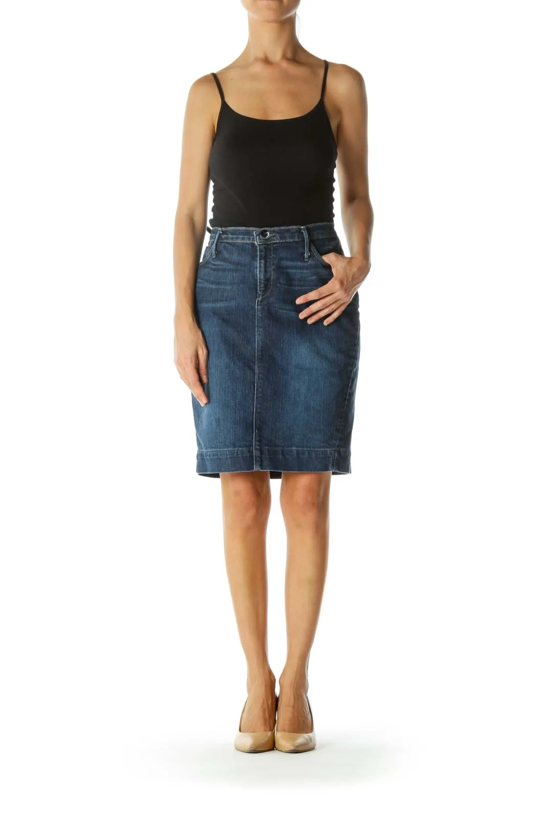 Blue Medium-Wash Denim Stretch Skirt