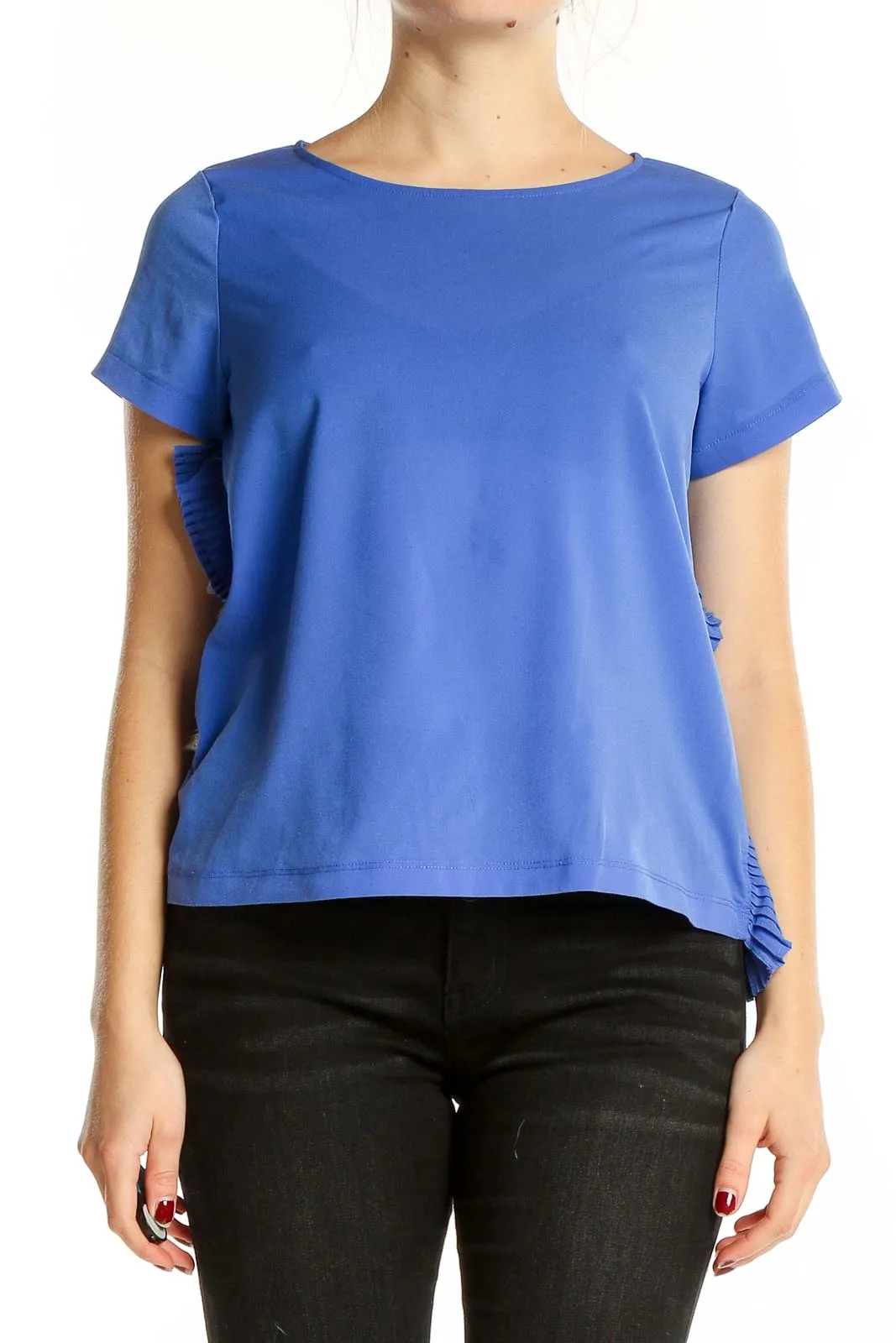 Blue Ruffled Short-Sleeve Blouse