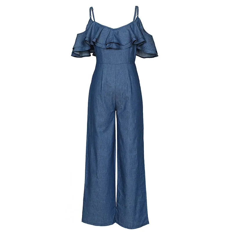 Blue Ruffled Spaghetti Strap Wide Jumpsuit