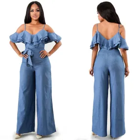 Blue Ruffled Spaghetti Strap Wide Jumpsuit