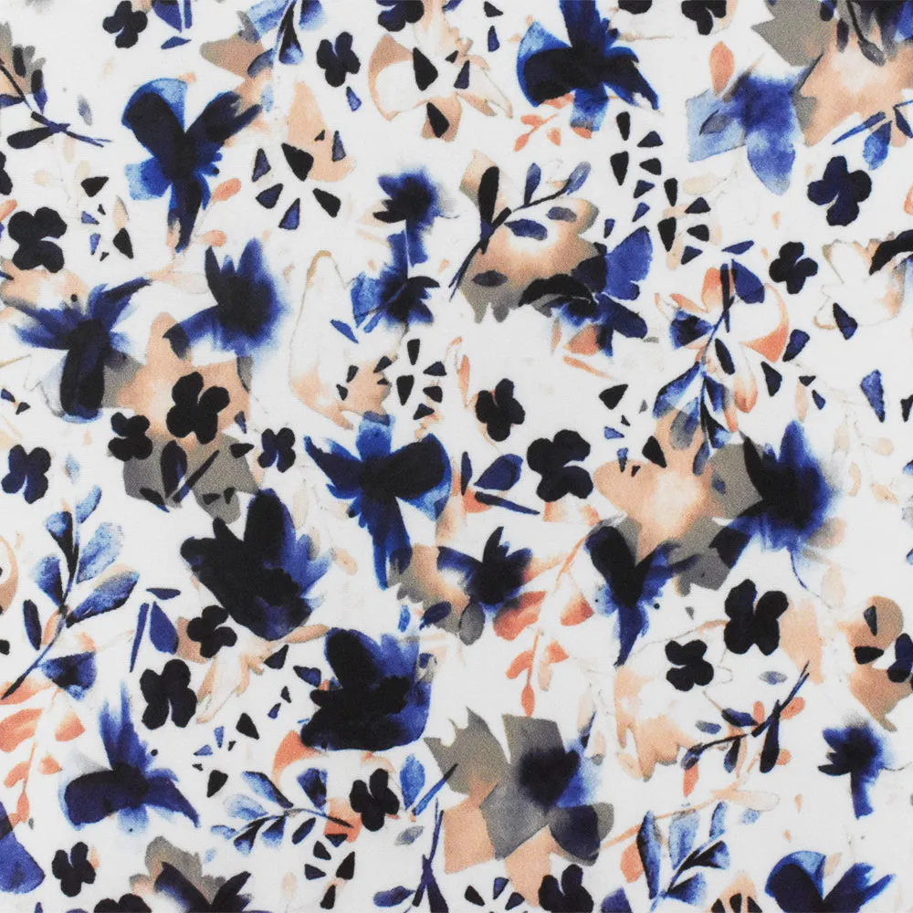 Blue-White-Orange Floral Printed Stretch poly Tricot Knit Swimwear Fabric