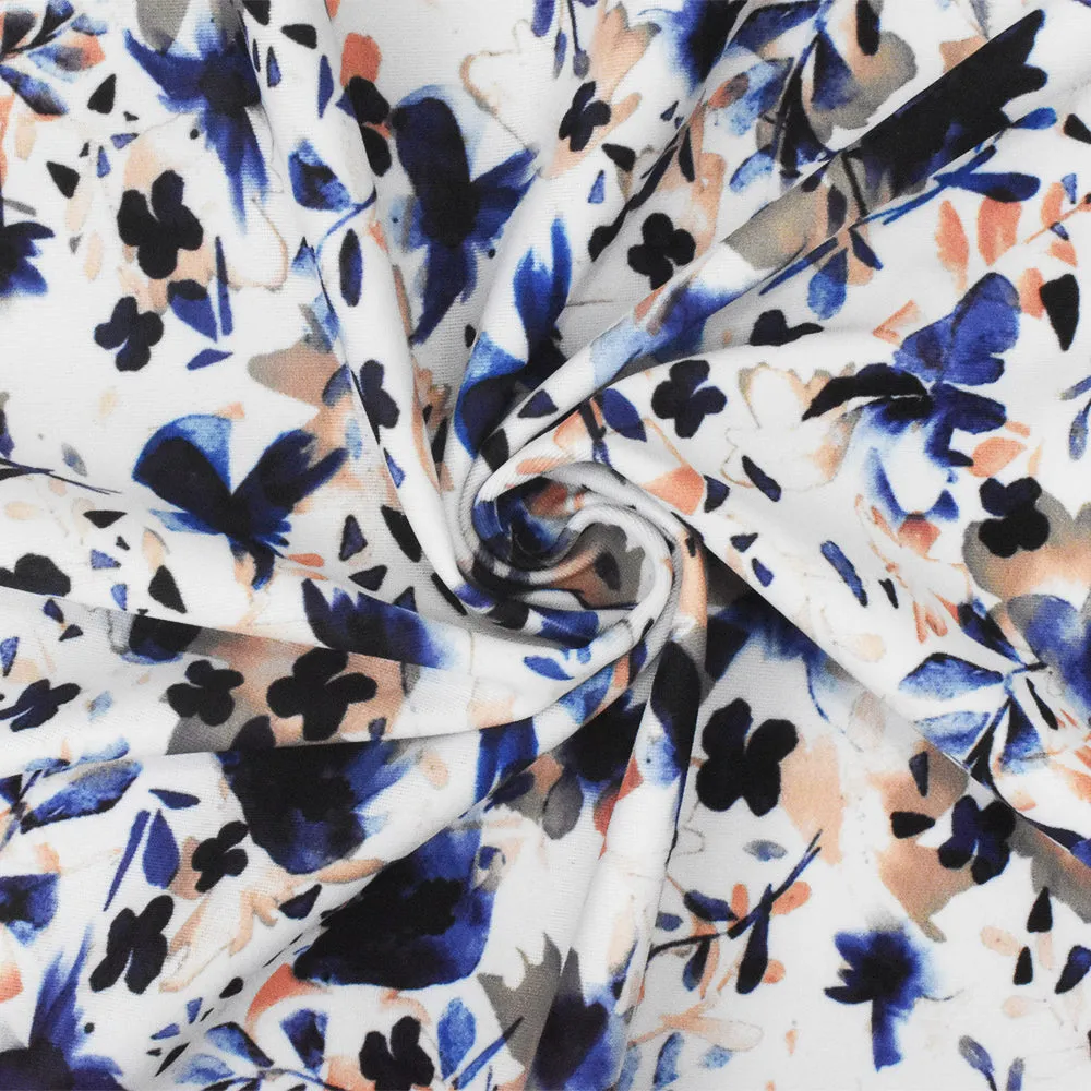 Blue-White-Orange Floral Printed Stretch poly Tricot Knit Swimwear Fabric