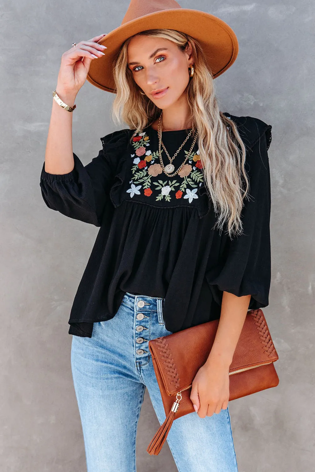 Bohemian Floral Embroidered Ruffled Babydoll Top