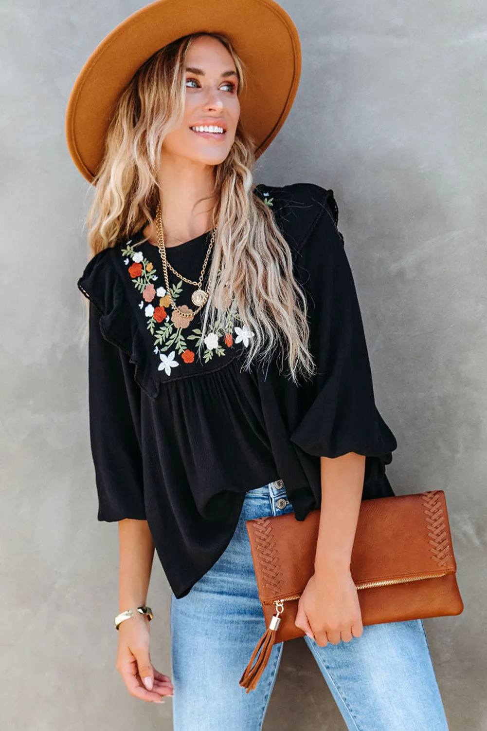 Bohemian Floral Embroidered Ruffled Babydoll Top