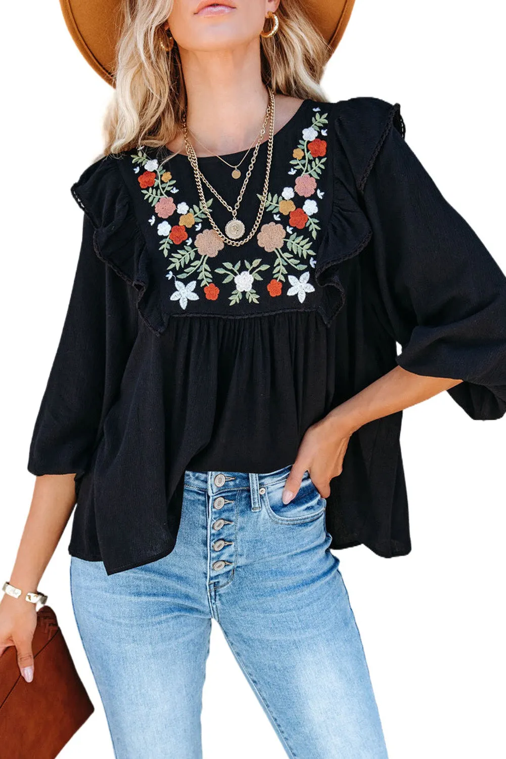 Bohemian Floral Embroidered Ruffled Babydoll Top