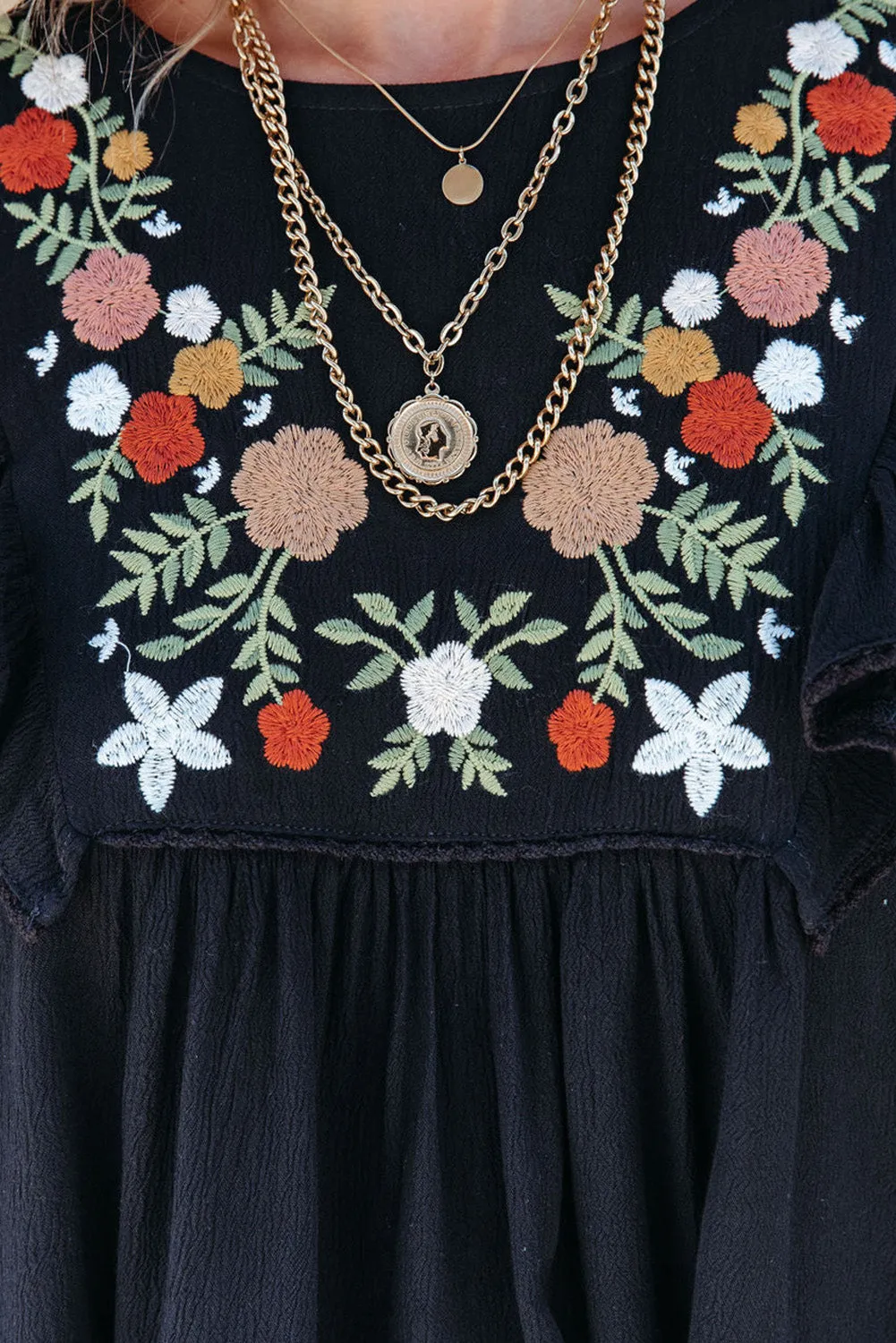 Bohemian Floral Embroidered Ruffled Babydoll Top