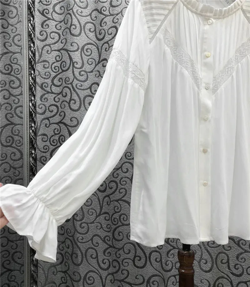 Boho Ruffled Button Up Blouses Long Sleeve Pleated Lace Panels