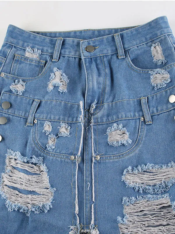 Broken Holes Front Slit Denim Skirt