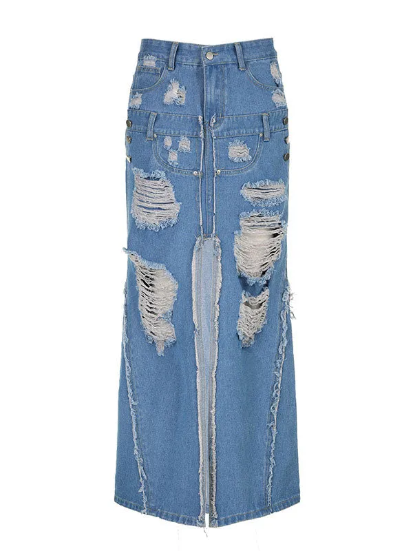 Broken Holes Front Slit Denim Skirt