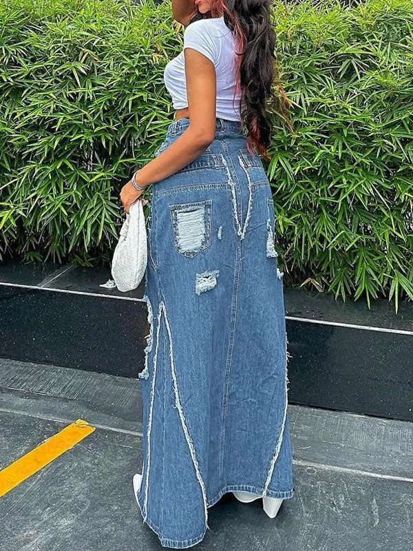 Broken Holes Front Slit Denim Skirt