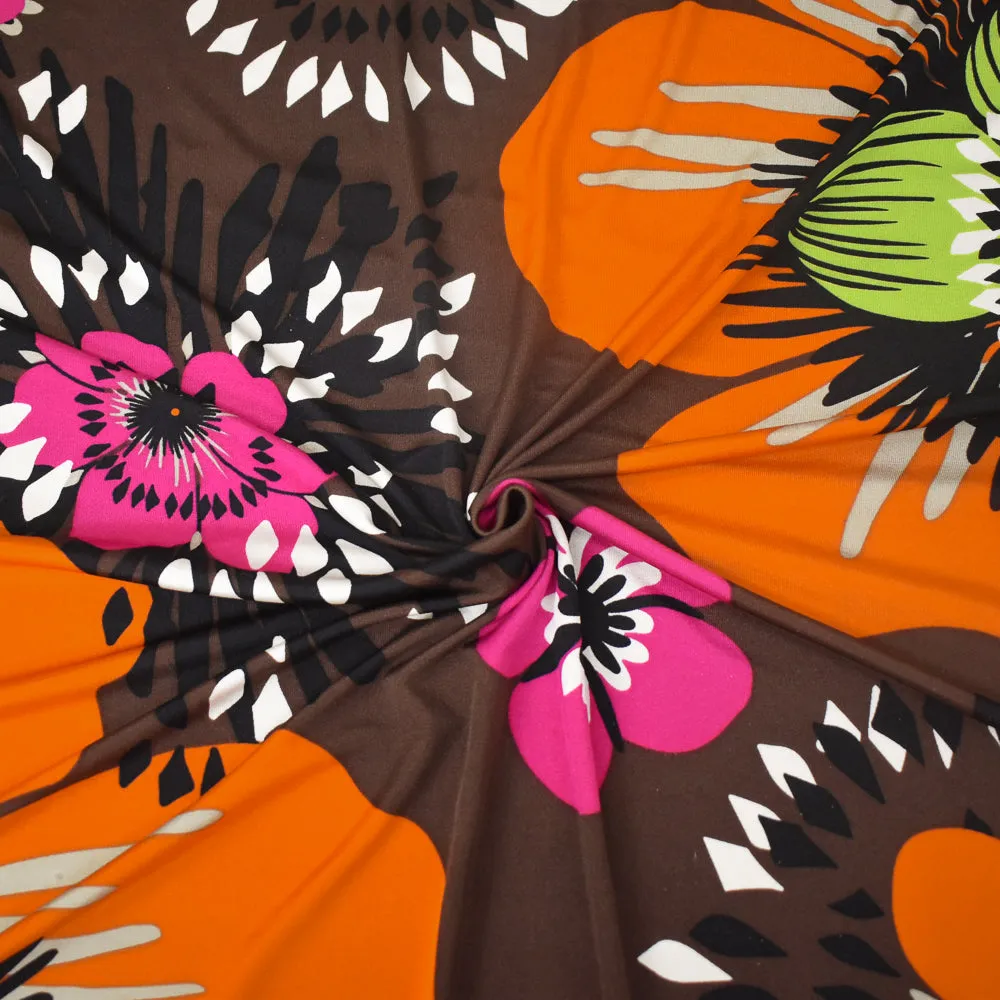 Brown-Lime-Orange-Multi Floral Printed Stretch Silk Jersey Knit Fabric