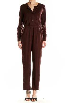 Brown Long-Sleeve Button-Up Jumpsuit