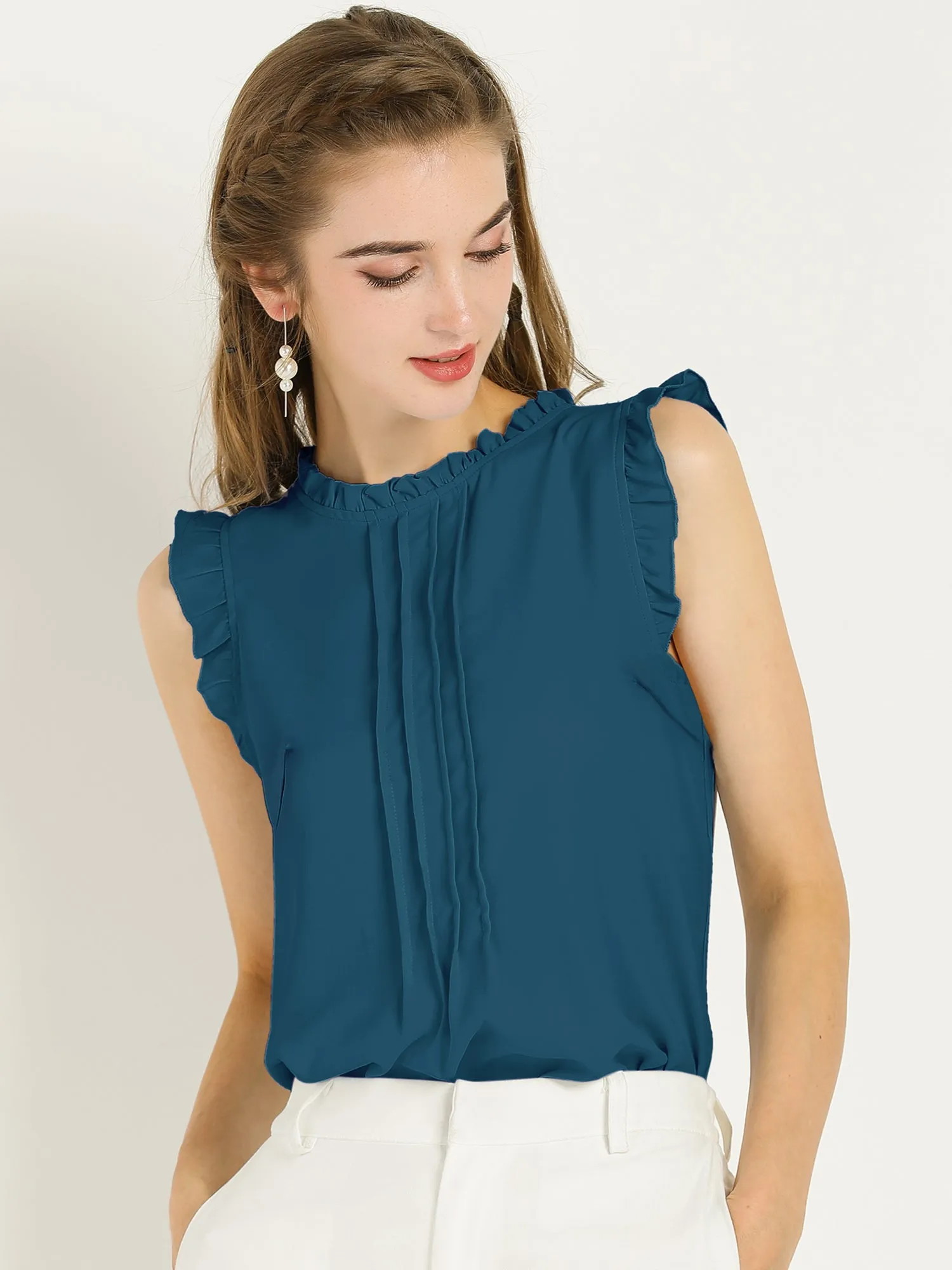 Business Office 1950s Ruffled Retro Sleeveless Work Blouses