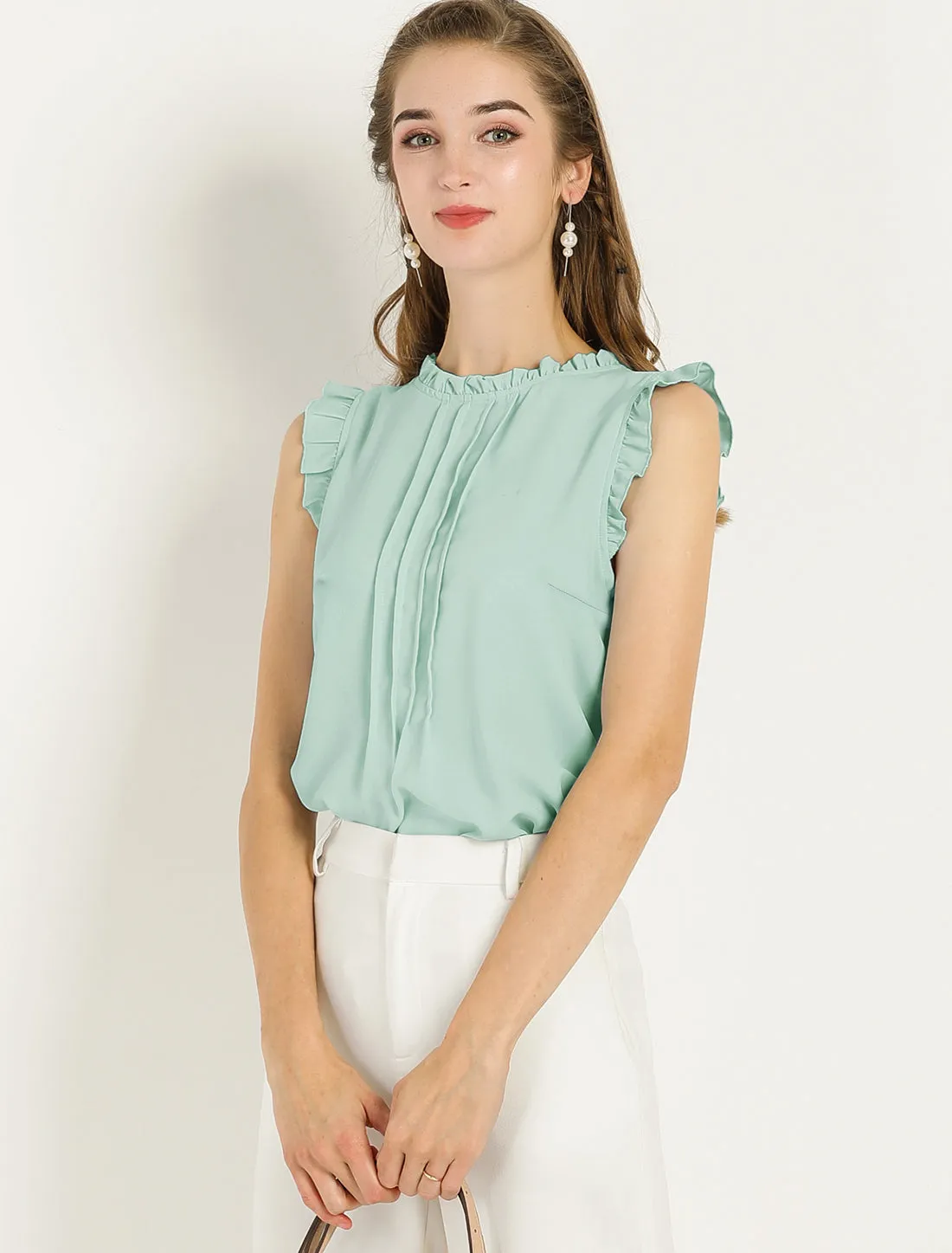 Business Office 1950s Ruffled Retro Sleeveless Work Blouses