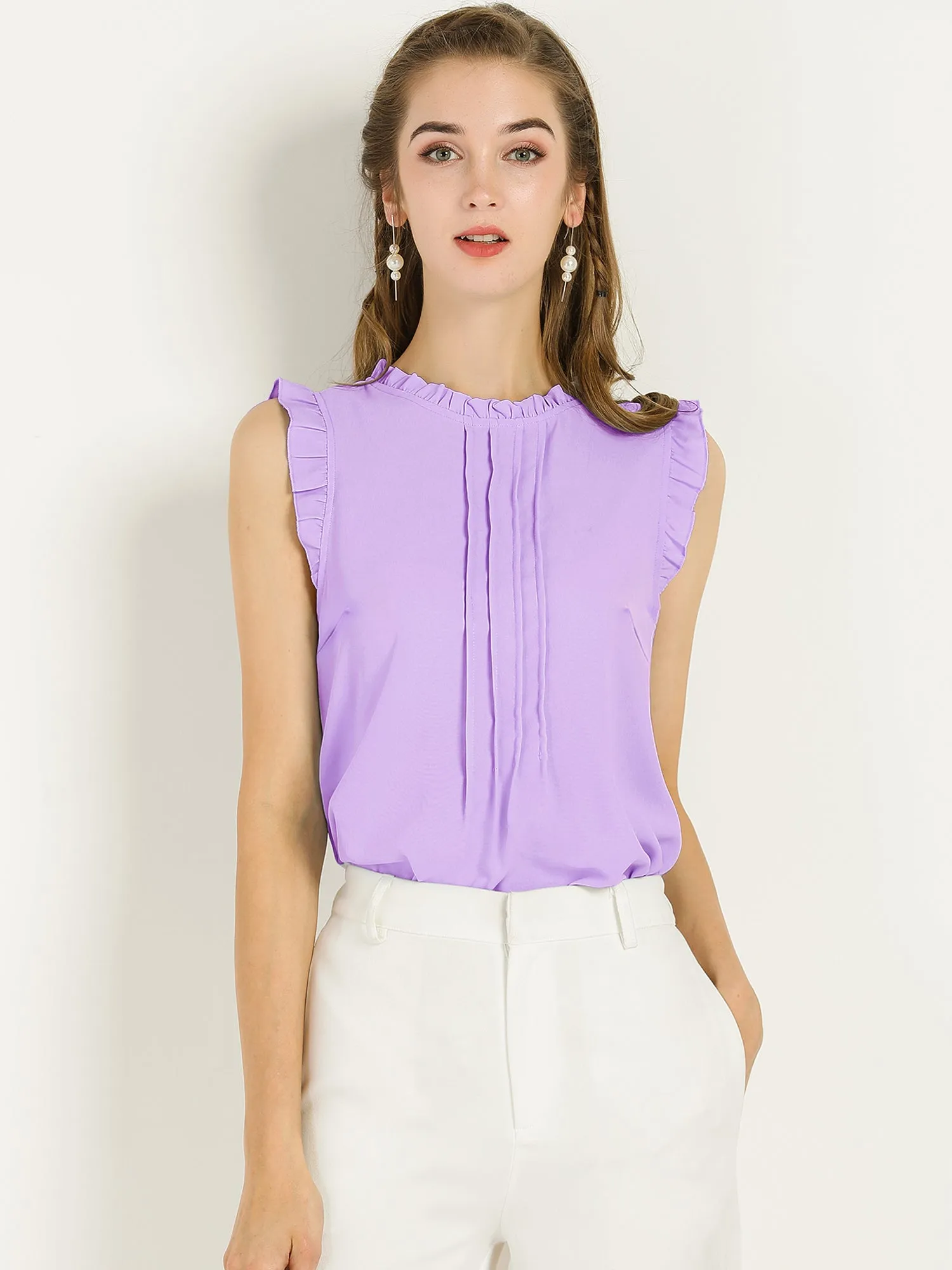 Business Office 1950s Ruffled Retro Sleeveless Work Blouses