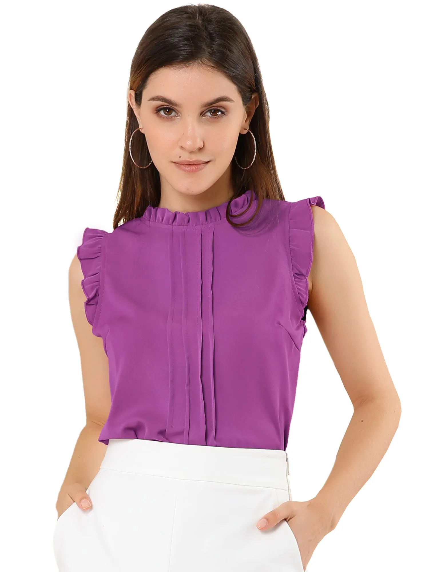 Business Office 1950s Ruffled Retro Sleeveless Work Blouses